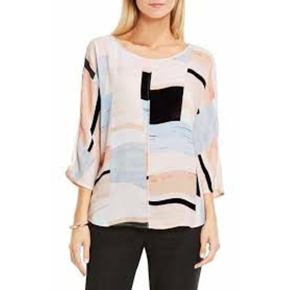 VINCE CAMUTO Pastel Watercolor Hi-Low Blouse XS/ S Geometric Dolman Sheer